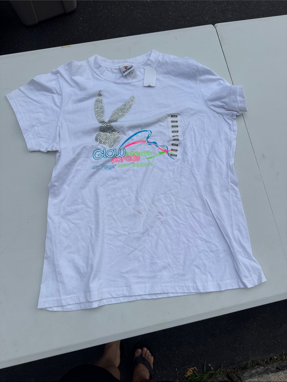 White Kids Short Sleeve Tee with Rhinestone Bunny Graphic